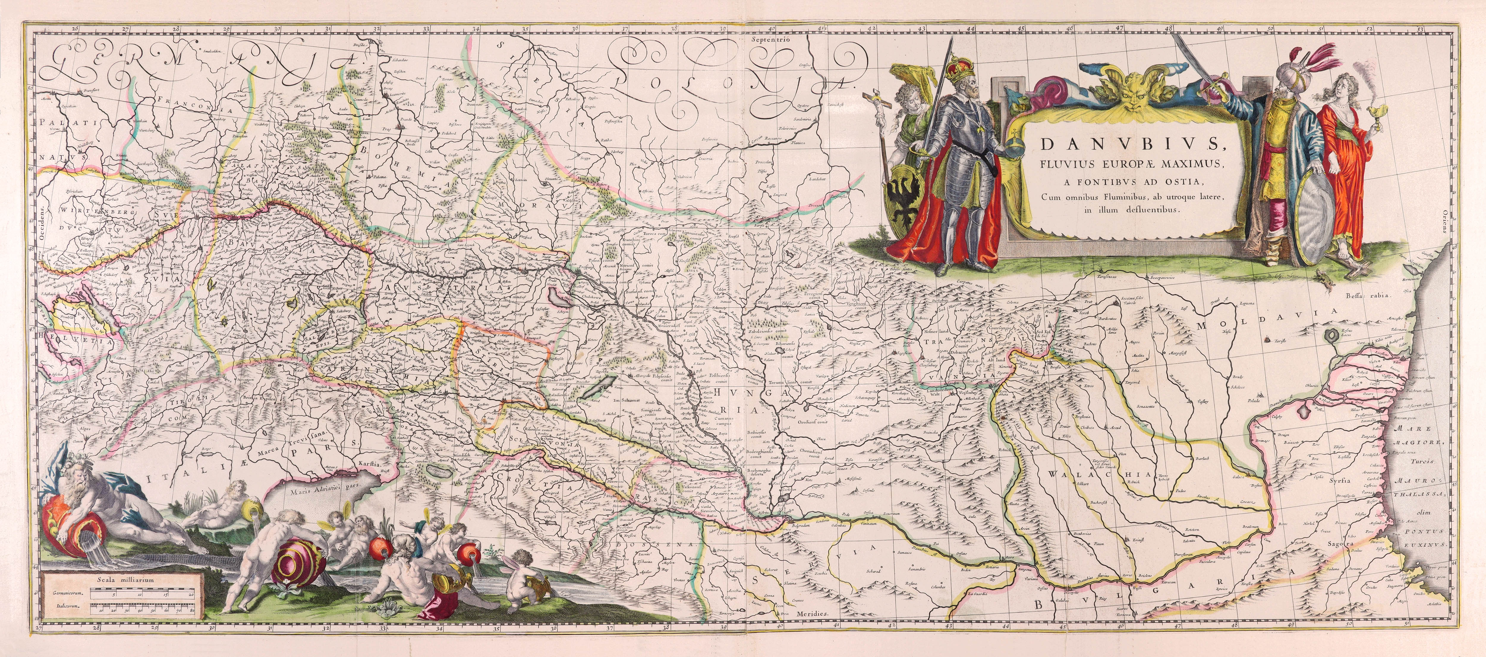 Danubius, Fluvius Europae Maximus, a Fontibus ad Ostia, Cum omnibus Fluminibus, ab utroque latere, in illum defluentibus.