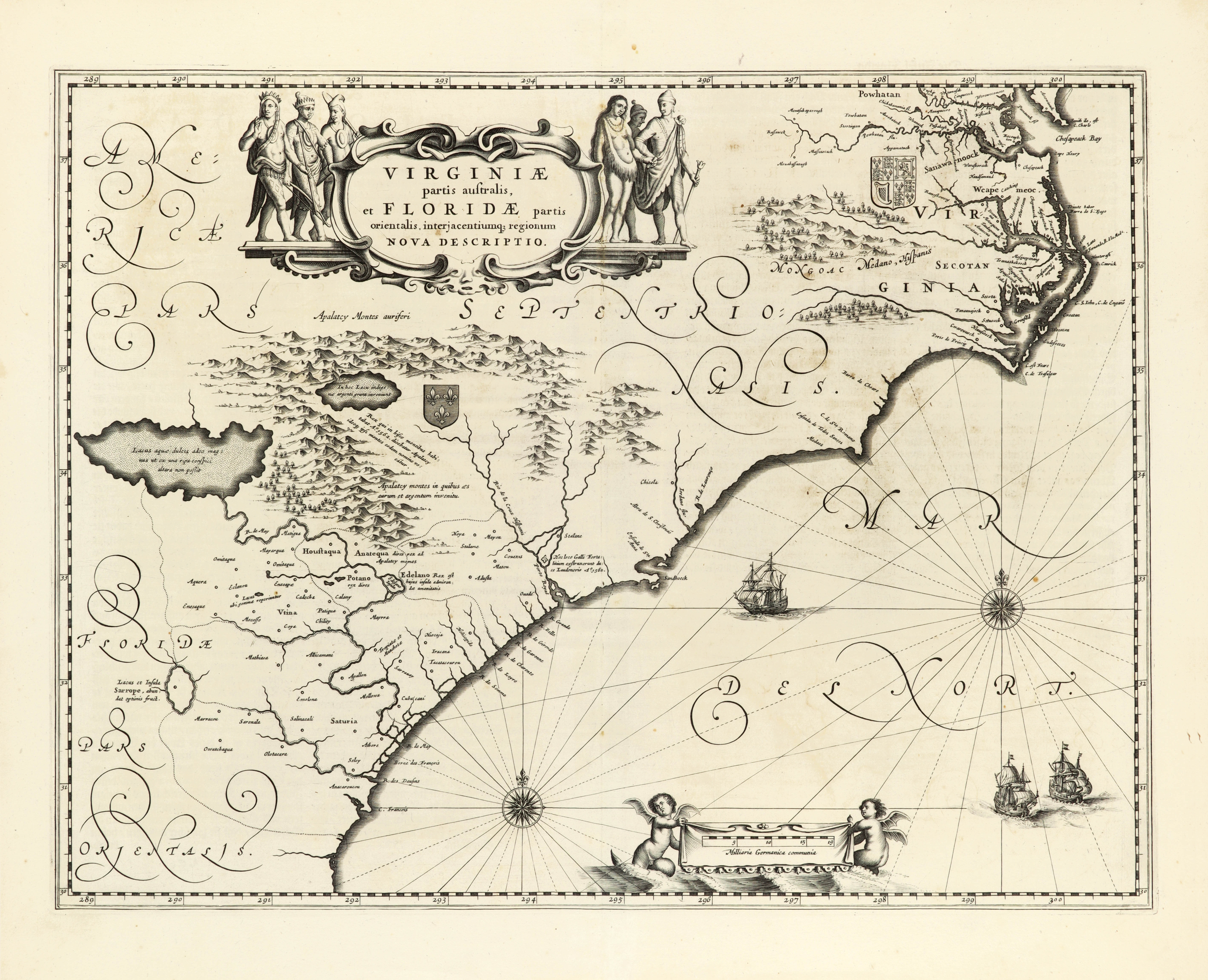 Virginiae Partis Australis, Et Floridae Partis Orientalis, interjacentiumq regionum Nova Descriptio.