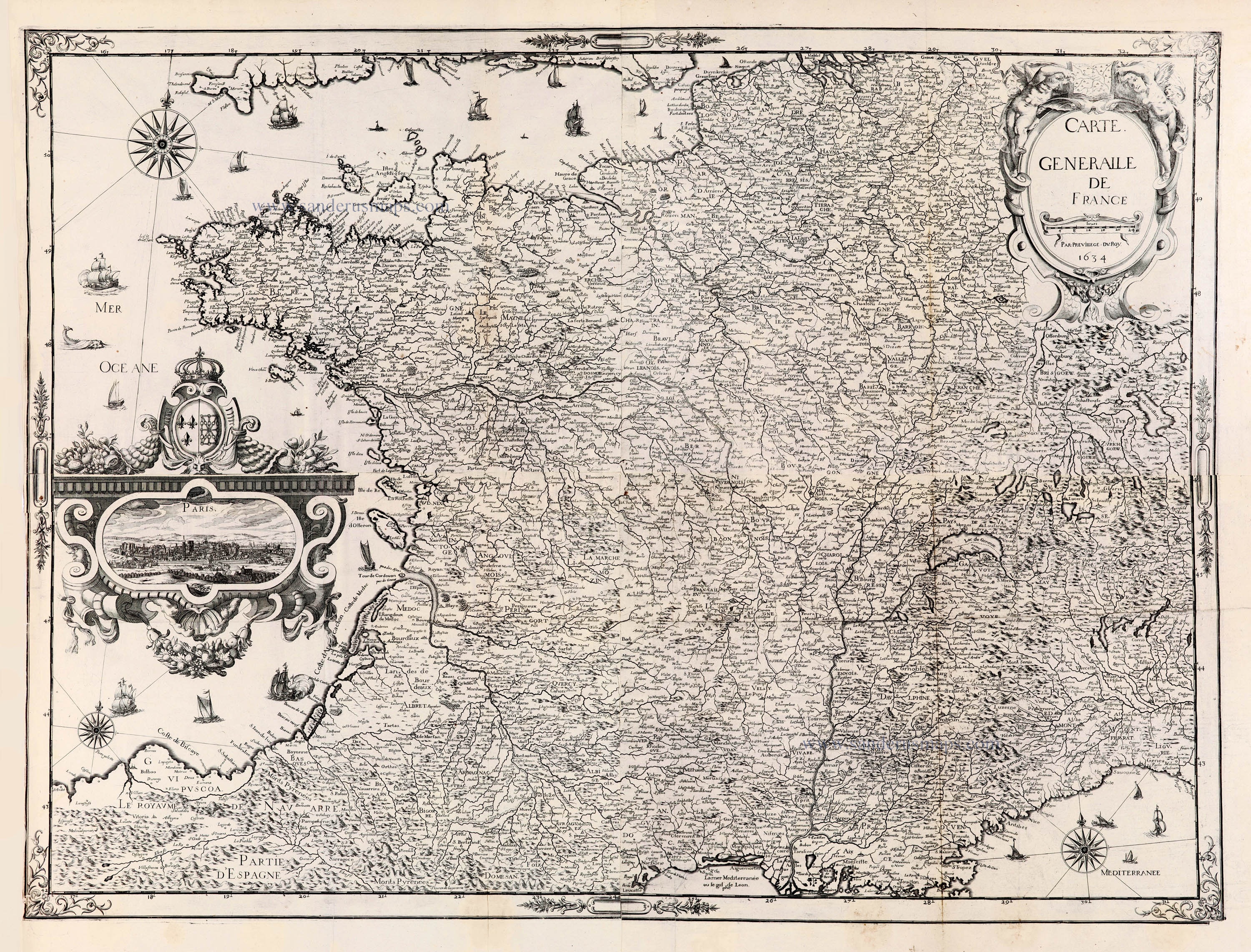 Wall map of France by C. Tassin, with a panoramic view of Paris