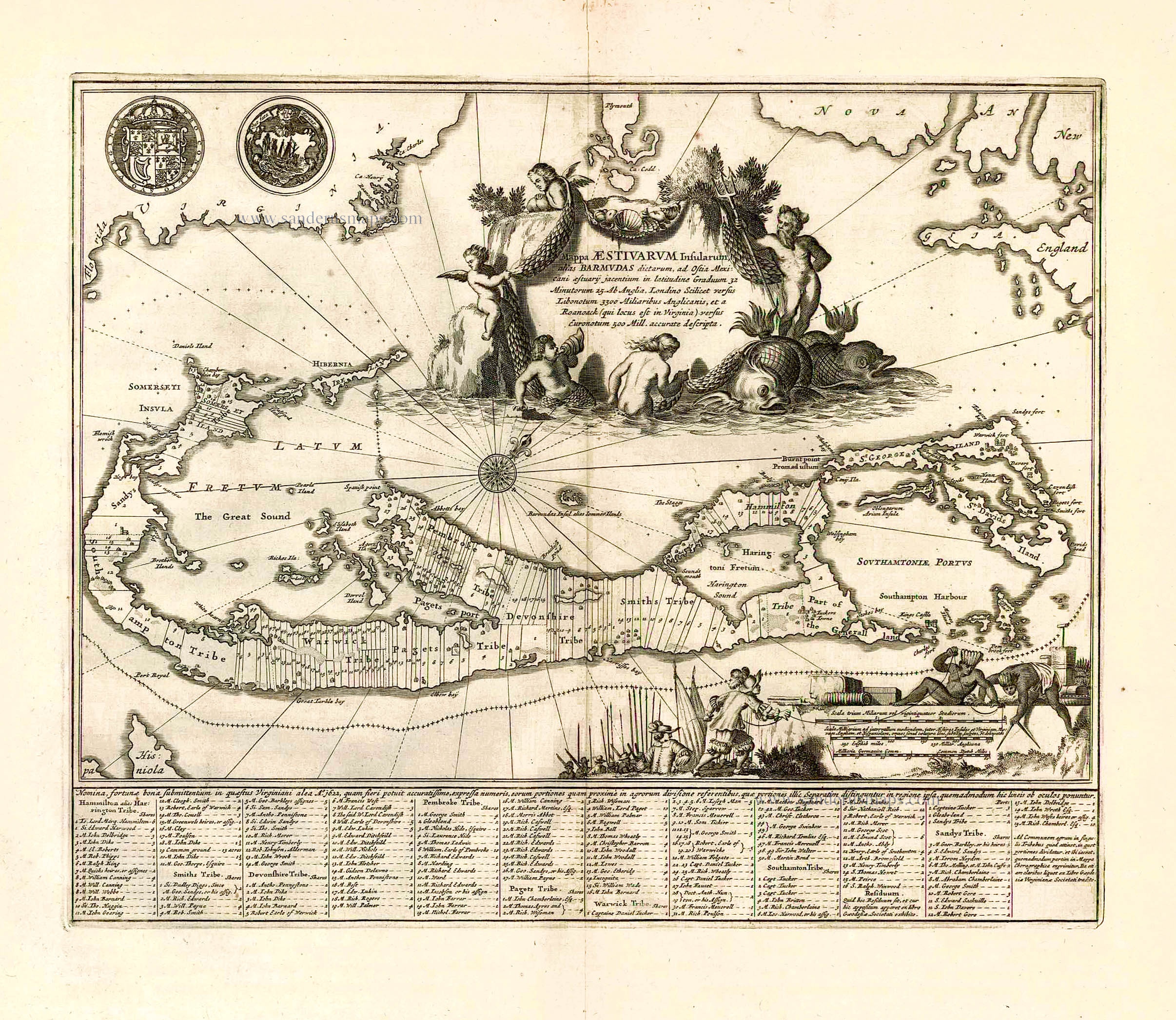 額装品　古地図　1670年頃　J.オーギルビー　「カーボべルデ諸島」海図 Bermuda, by John Ogilby. | Sanderus Antique Maps - Antique Map Webshop