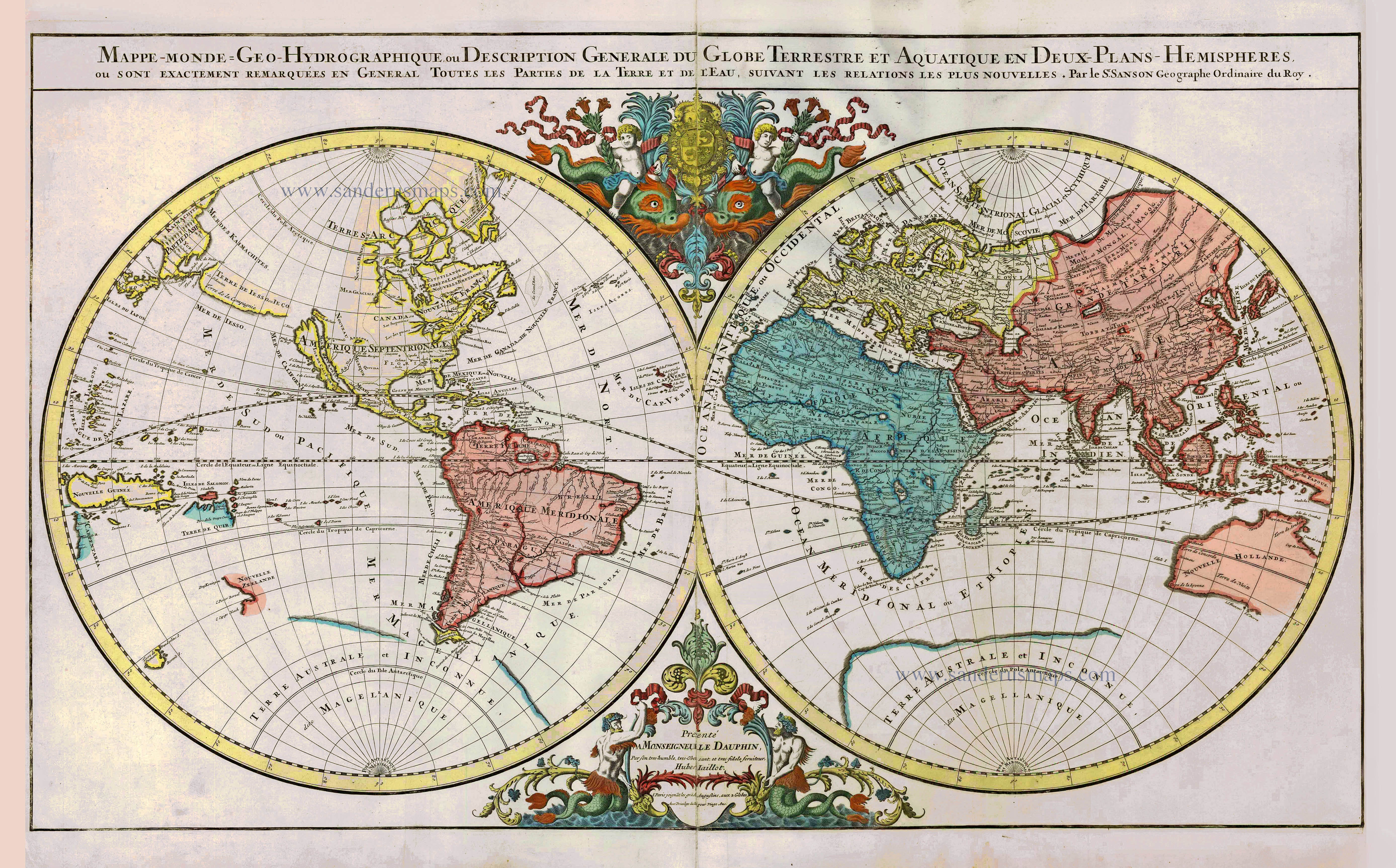 Double hemisphere world map, by Hubert Jaillot. | Sanderus Antique