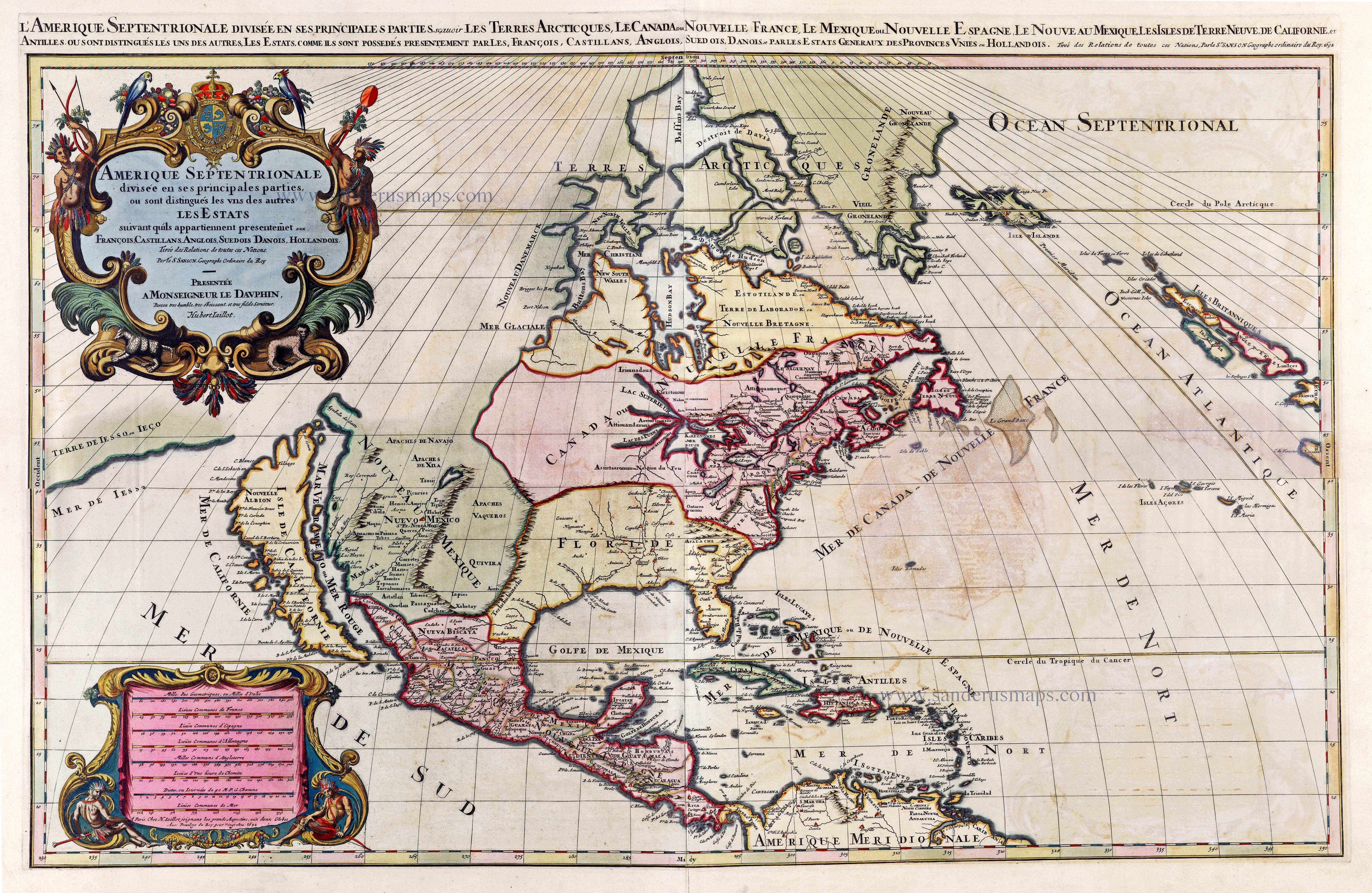 Old, antique map of North America by A. H. Jaillot, published by