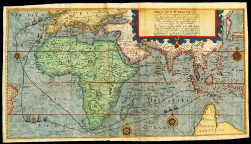 Old antique chart of the Route of the first Dutch fleet to Java, by Th ...
