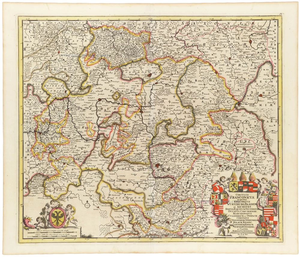 Circulus Franconicus in quo sunt Episcopatus Wurtzburg, Bamberg et Aichstet, Status Equitum Teutonicor Ducatus Coburgensis, Marchionatus Cullembach, et Onspach, Comitatus Henneberg, Wertheim Holach, Reinec, Papenheim, Erpach Schwartzenberg, et Castel, Baronatus Sensheim et Territorium Norinbergensis.