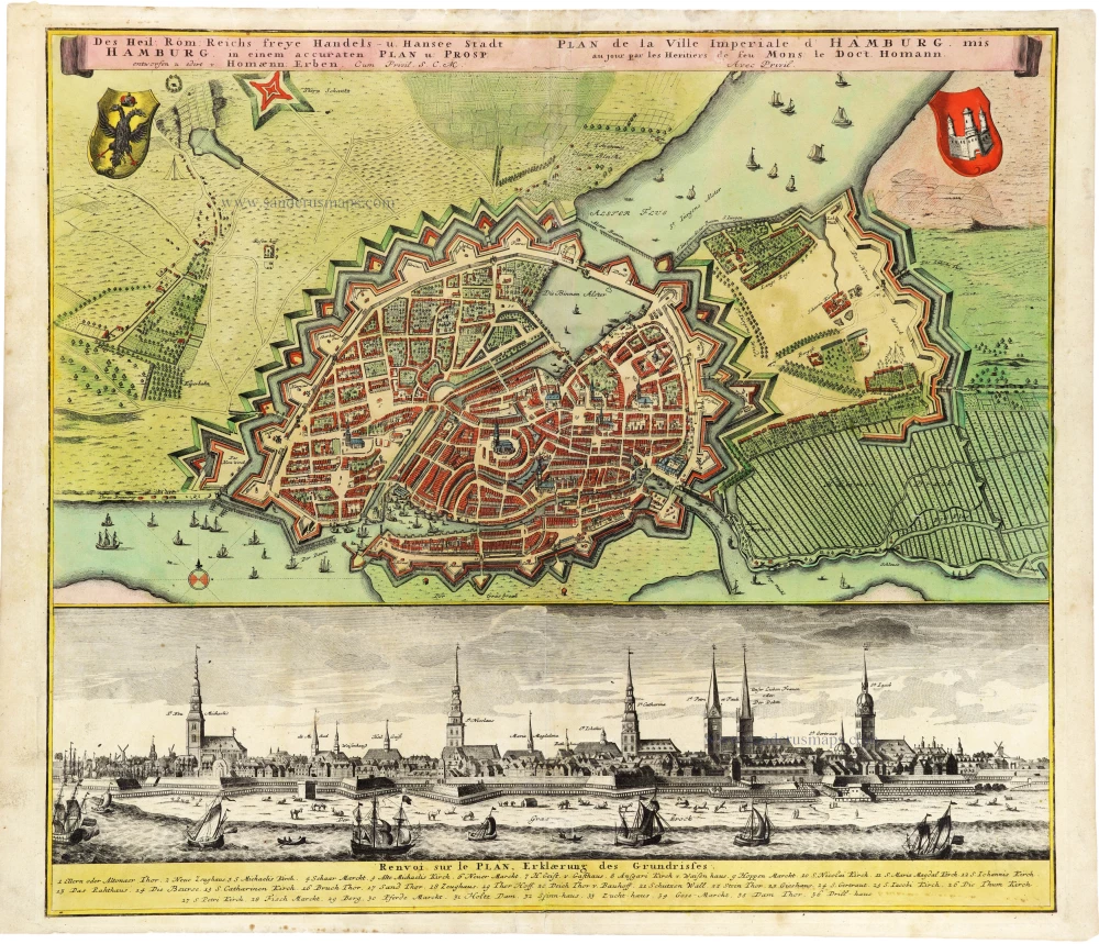 Plan and panoramic view of Hamburg, by Homann Heirs.