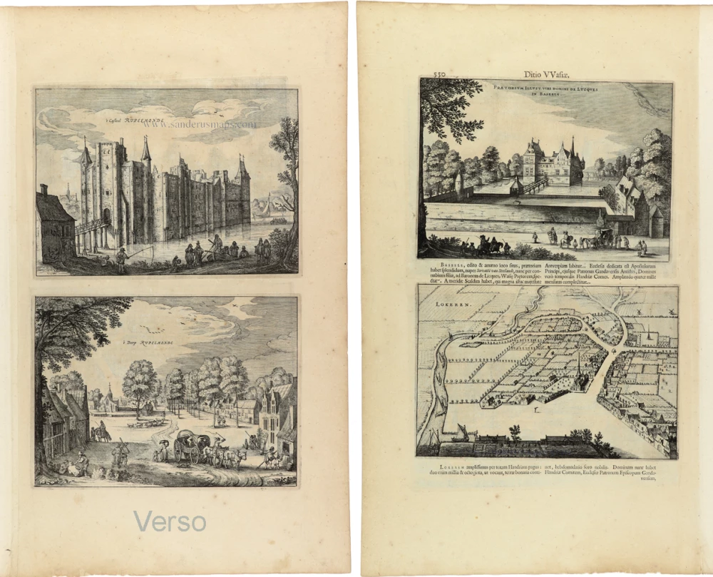 Bazel-Waas - de Lycques [on sheet with:] Lokeren [on verso:] Rupelmonde - Castle and village , by Antonius Sanderus.