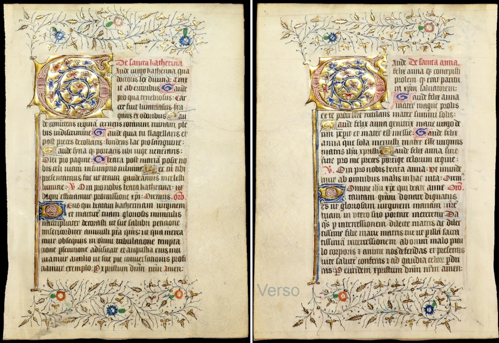 Illuminated manuscript leaf with a suffrage to Saint Catherine; on the verso, a suffrage to Saint Anna