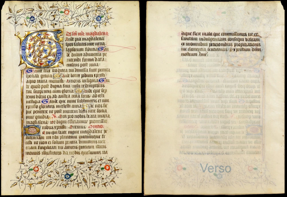 Illuminated manuscript leaf with a suffrage to Saint Mary Magdalene, from a Flemish Book of Hours,