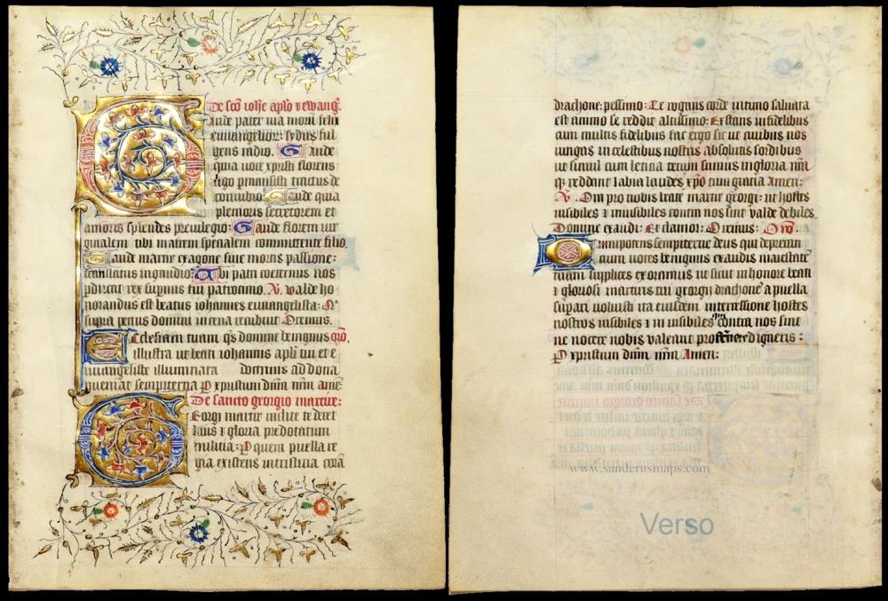 Illuminated leaf from a Book of Hours, containing a devotional hymn and prayers to Saint John the Evangelist, followed by a prayer to Saint George the Martyr.