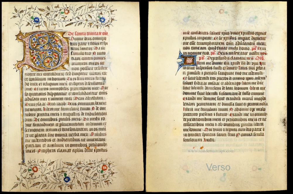 Illuminated leaf from a Book of Hours, containing a prayer to the Holy Trinity,