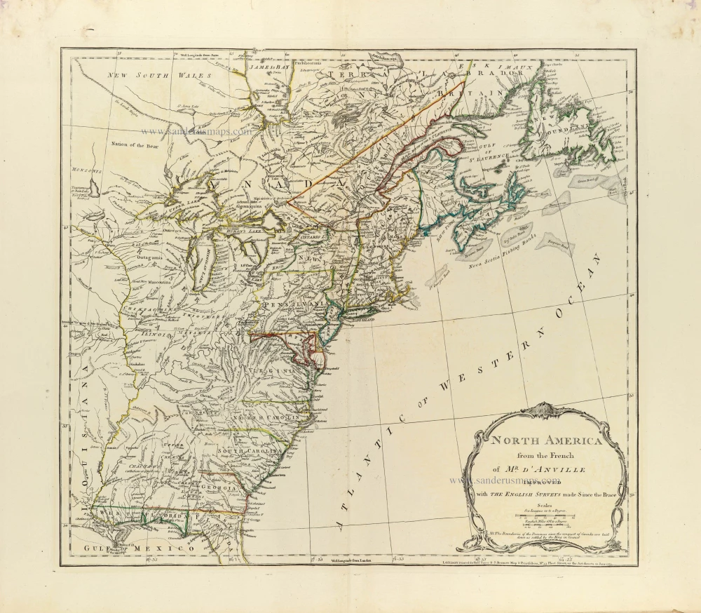 Eastern North America by J.B. Bourguignon d'Anville, published by Robert Sayer and John Bennett.