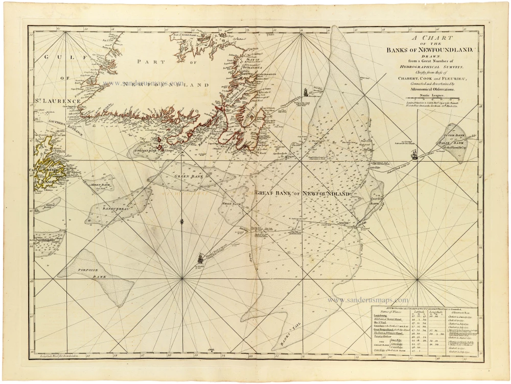Sea chart of Newfoundland by Joseph-Bernard de Chabert, James Cook and Charles-Pierre Claret de Fleurieu, published for Thomas Jefferys, by Robert Sayer and John Bennett.