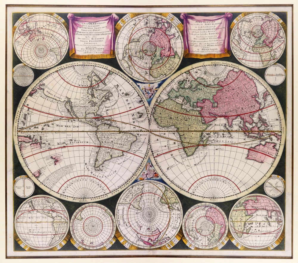 World map in two hemispheres, by Petrus Schenk