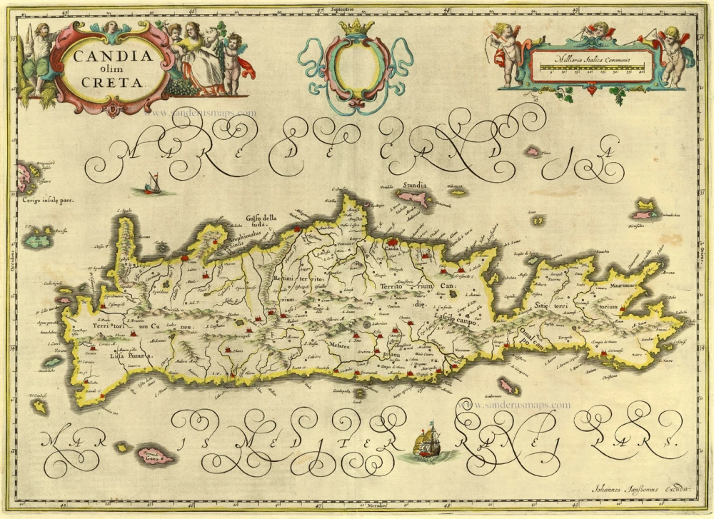 Antique map of Crete by J. Janssonius | Sanderus Antique Maps - Antique ...