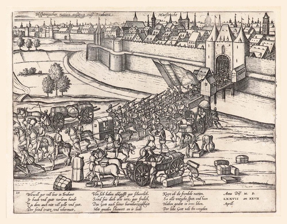 Maastricht, the Spanish troops leaving, 27 April 1577,  by Frans Hogenberg