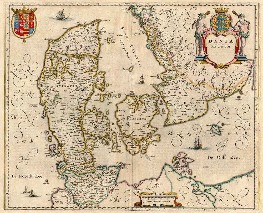Old, antique map of Denmark by Blaeu W. | Sanderus Antique Maps ...