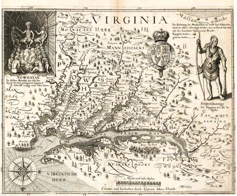 Old antique map of Virginia by M. Merian - de Bry after John Smith.