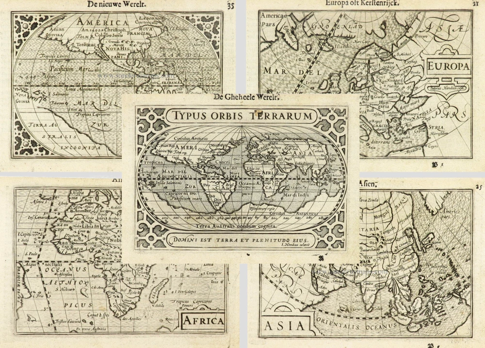 World and Continents by Barent Langenes & Cornelis Claesz. Five maps.