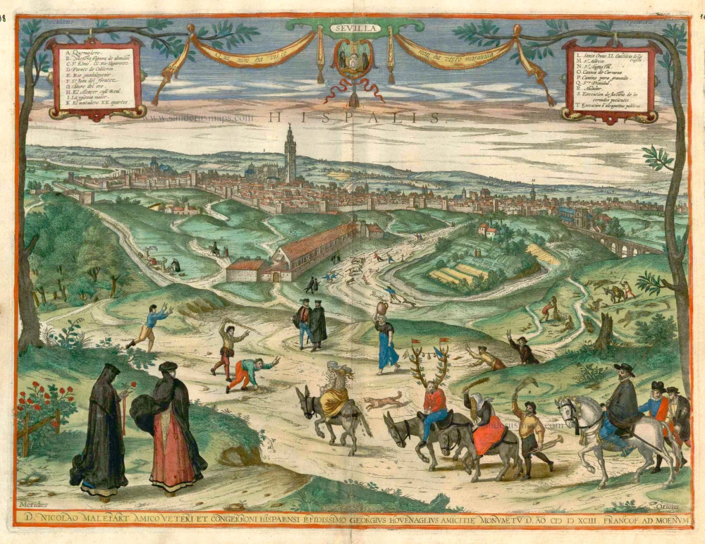Antique map - panoramic view of Seville by Braun and Hogenberg
