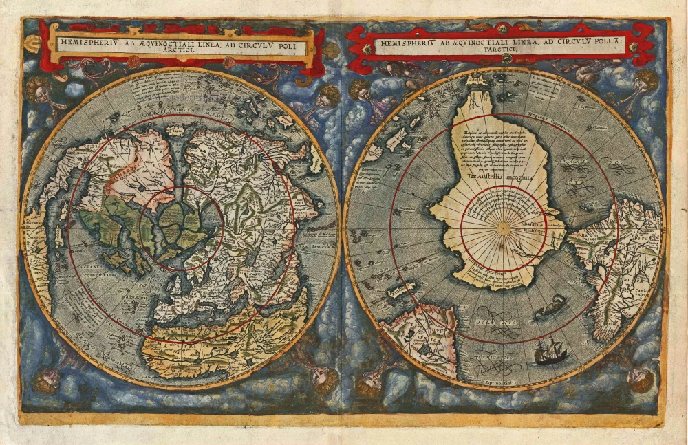 Antique world map by C. de Jode, on the twin hemispherical polar projection