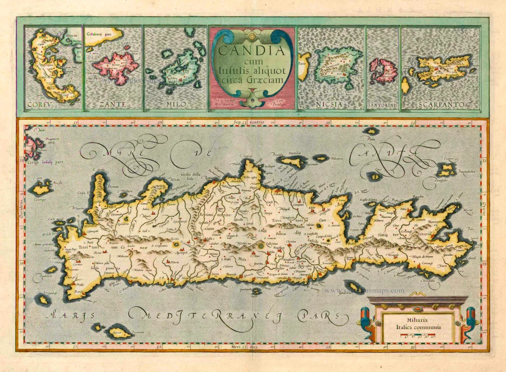 Crete with the isles of Corfu, Zante, Milo, Nicsia, Santorini and Scarpanto by Gerard Mercator.