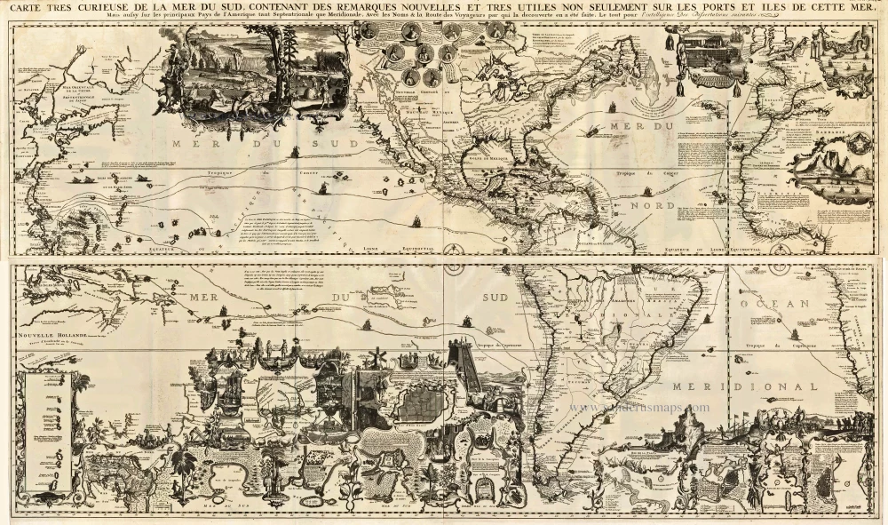 Old antique map of Pacific - America - Atlantic Ocean by Châtelain