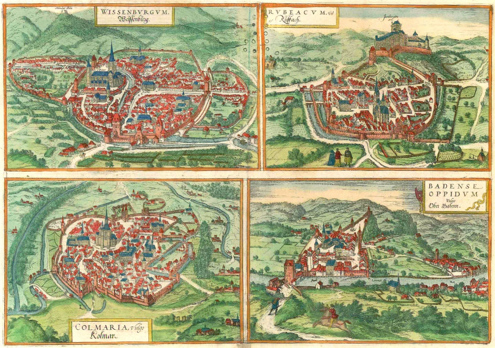 Wissemburg, Rouffach, Colmar, Baden, by Braun & Hogenberg.