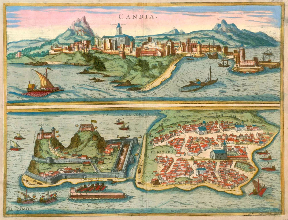 Crete  (Iraklion) & Corfu, by Georg Braun and Frans Hogenberg.