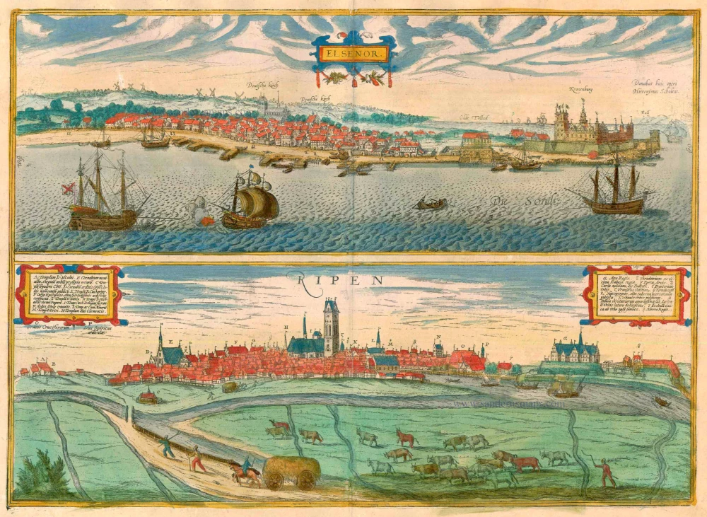 Helsingør (Sjaelland) & Ribe (Jutland), by Georg Braun and Frans Hogenberg.