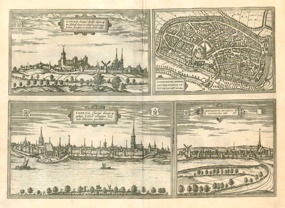 Cliviam, Ducatus Clivensis elegans opp: ... [on sheet with] Duisburgum, Oppidum Antiquissimum Vetus Francoru Regia [on sheet with] Embrica, Clivensis ditionis oppidum Ecclesia collegiata... [on sheet with] Gennapium, Ducatus Clivensis, Opp: