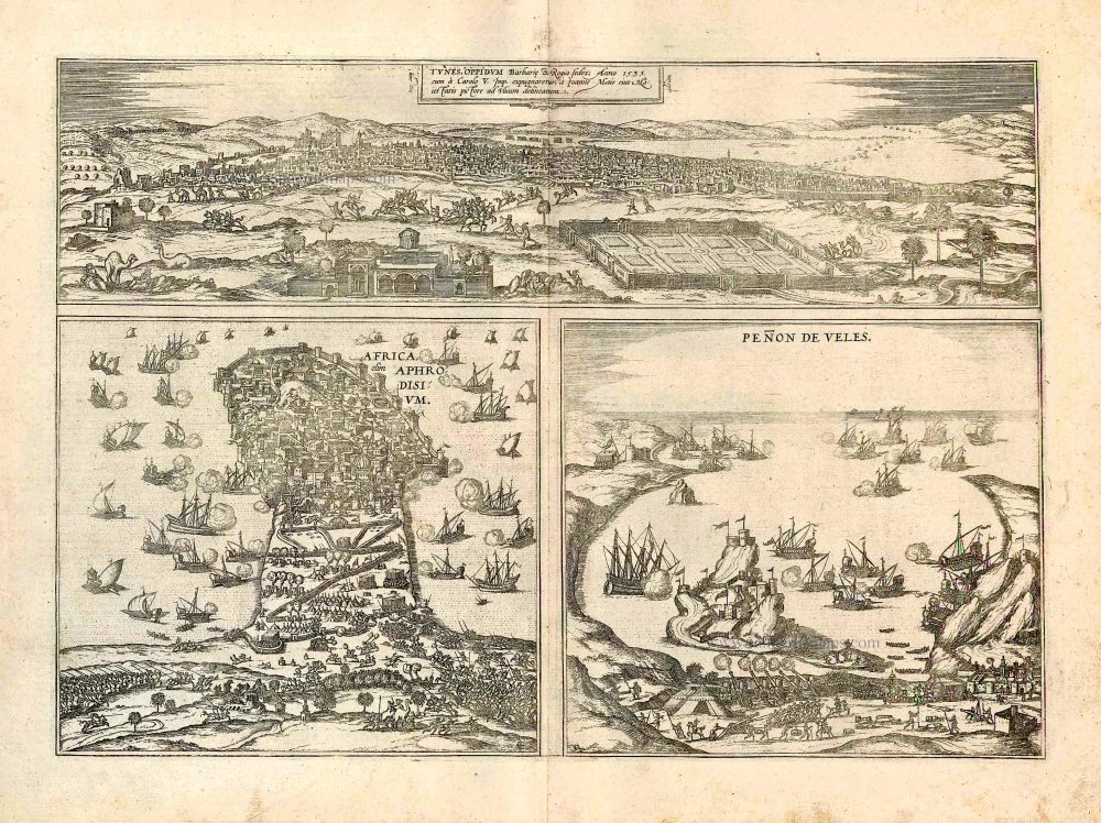 Tunes Oppidum Barbarie & Regina fedes 1535 ... [on sheet with] Africa olim Aphrodisum [and] Penon de Veles.