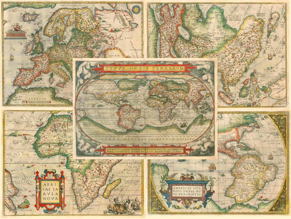 Ortelius Map Software Matched set of Ortelius' World and Continents + title page. | Sanderus ...