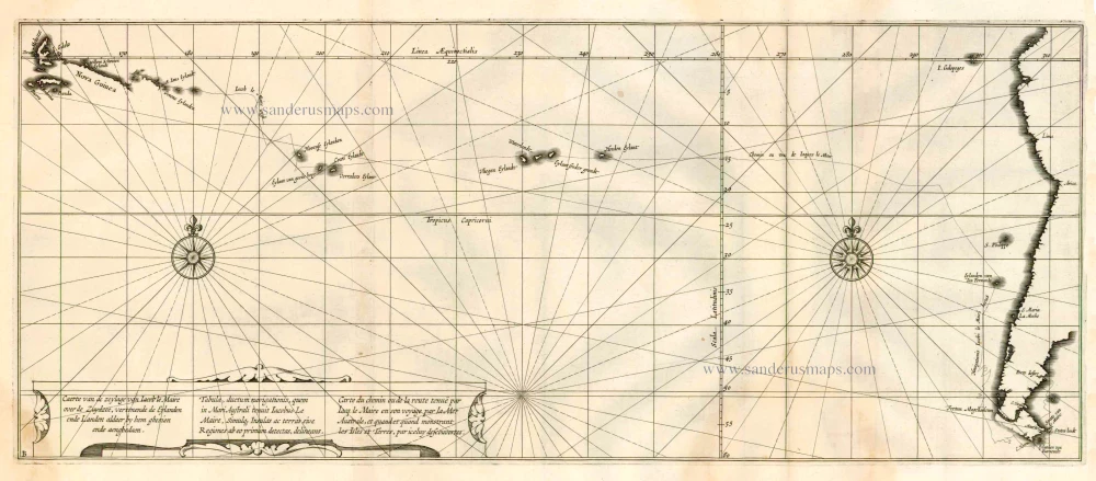 Caerte van de zeylage van Jacob le Maire over de Zuydzee, vertonende de Eylanden ende Landen aldaer by hem ghesien ende aenghedaen. / Tabula, ductum navigationis, quem in Mari Australi tenuit Iacobus Le Maire ...