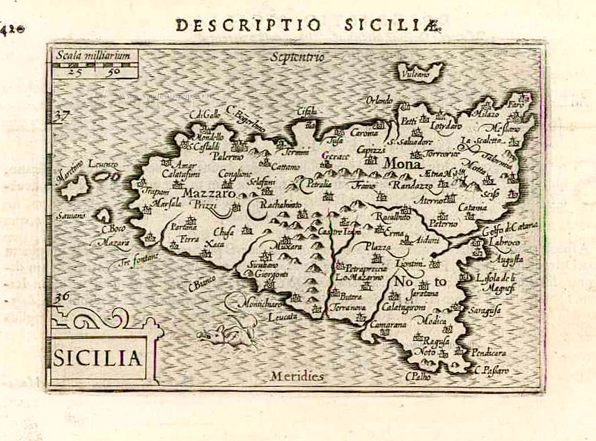 Sicily (Sicilia), by Langenes, published by P. Bertius.