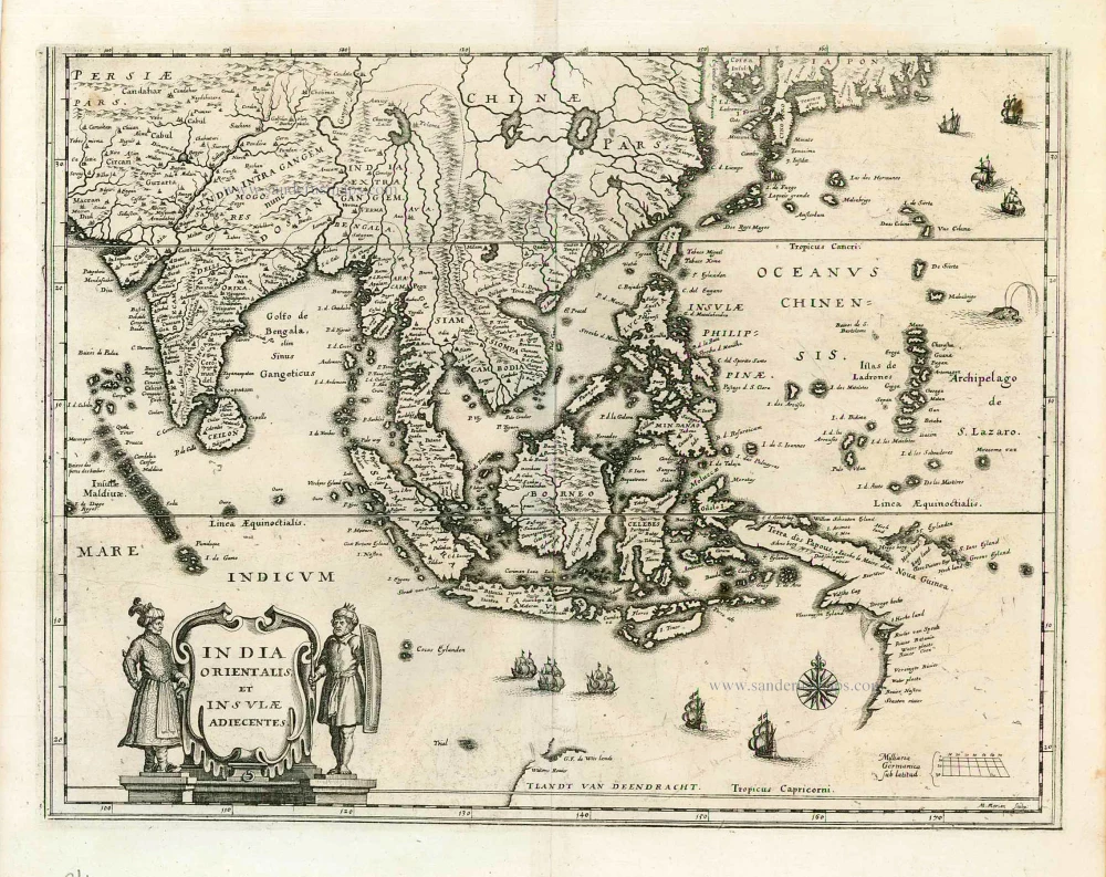 Old antique map of Southeast Asia, by M. Merian.