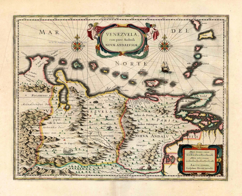 Old antique map of Venezuela, by Willem & Joan Blaeu.