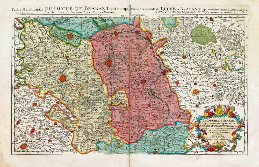 Le Duché de Brabant qui comprend les Quartiers de Louvain, Brusselles, Anvers et Bosleduc diviséz en leurs Principales Jurisdictions, La Seigneurie de Malines et le Marquisat du Saint Empire.