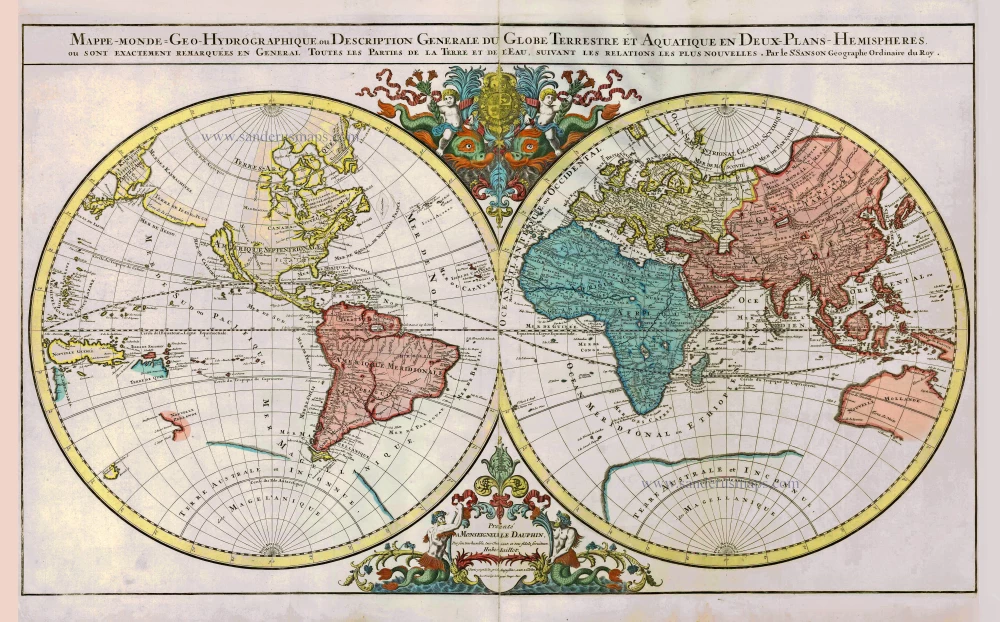 World map by Hubert Jaillot, double hemisphere.