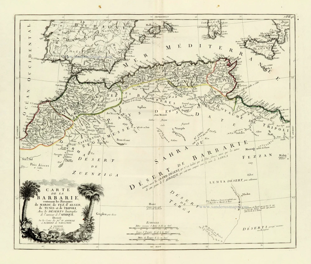 Carte de la Barbarie, contenant les Royaumes de Maroc, de Fez, d'Alger, de Tunis et de Tripoli, Avec les Déserts limitrophes de l'intérieur de l'Afrique.