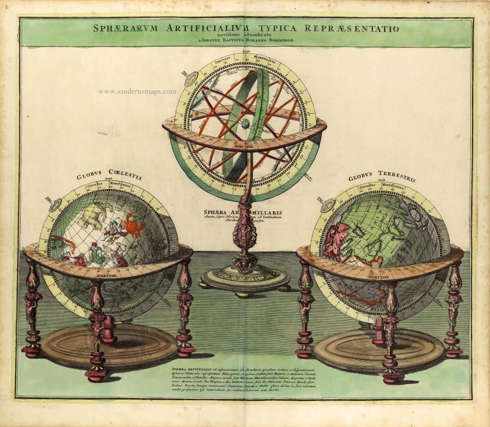 Armillary sphere, terrestrial & celestial globes by Johann Baptist Homann.