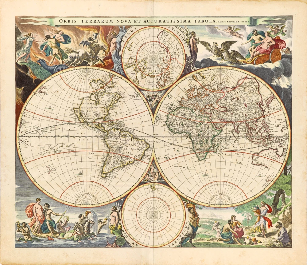 World by Nicolaas Visscher, double hemisphere.