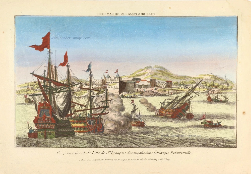 Perspective view of a naval battle off the town of St. François (Campeche - Mexico).
