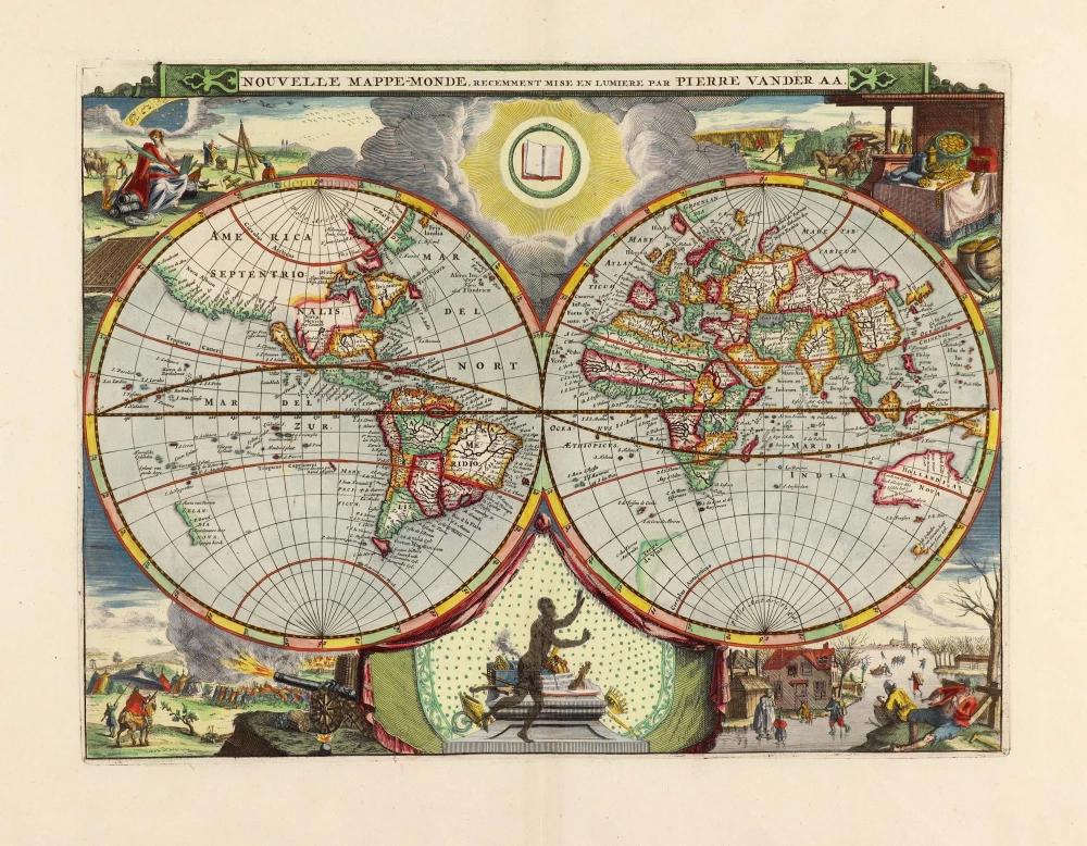 World by Pieter Van der Aa, double hemisphere.
