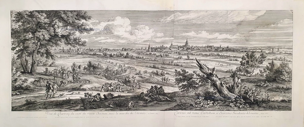 Veuë de Courtray, du costé du vieux Chasteau, avec la marche de l'armée, en l'année 1667.