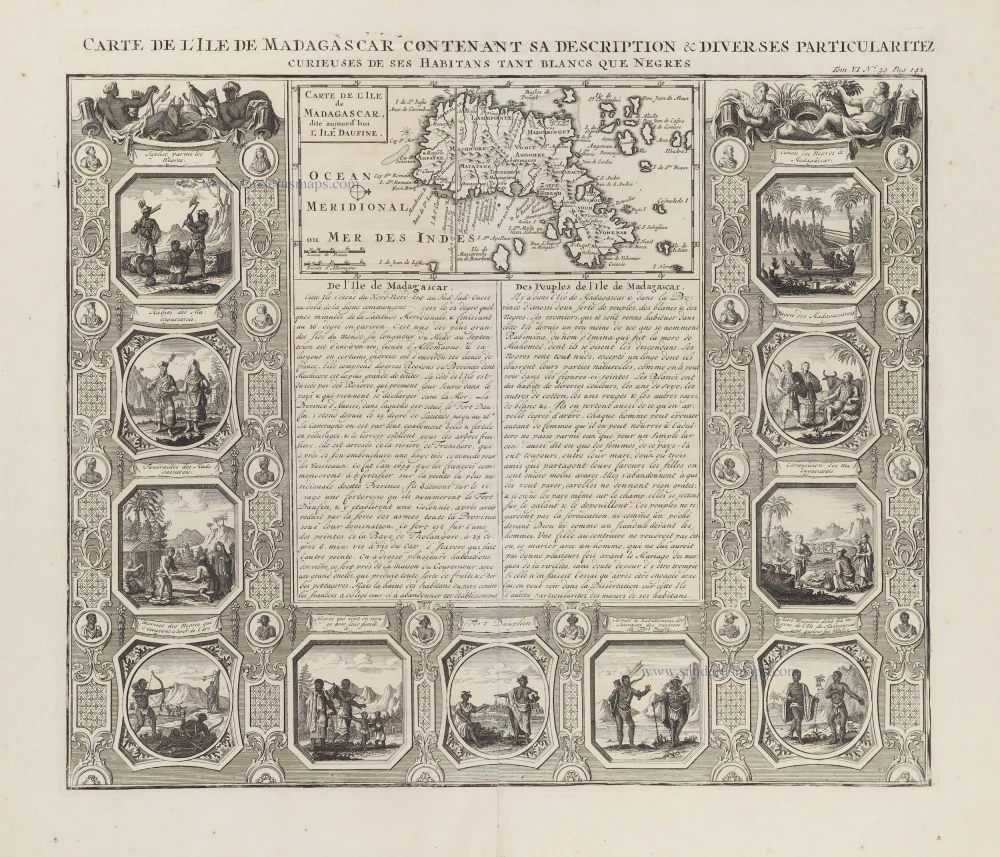 Carte de l'Ile de Madagascar contenant sa description & diverses particularitez curieuses de ses habitans tant blancs que nègres.