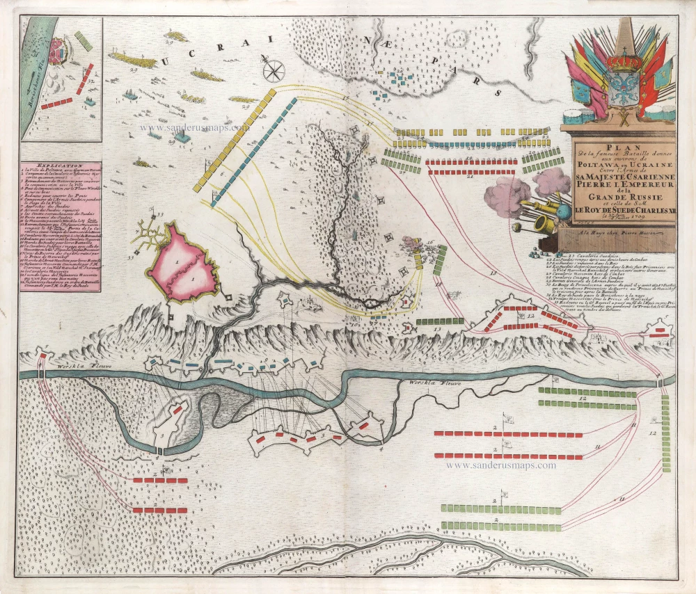 Map of the Battle of Poltawa (Ukraine) in 1709, by Pierre Husson.