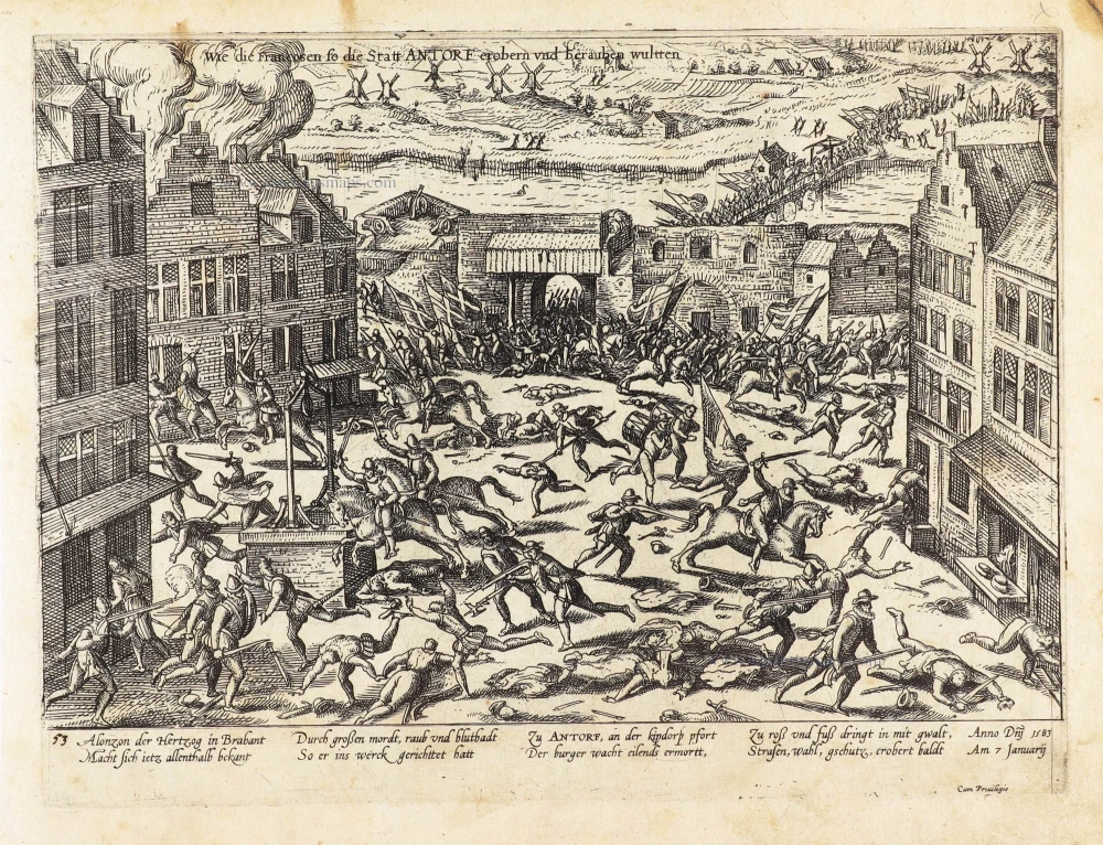 The invasion of François-Hercule de Valois with French troops in Antwerp (French Fury), 7 January 1583, by Frans Hogenberg.