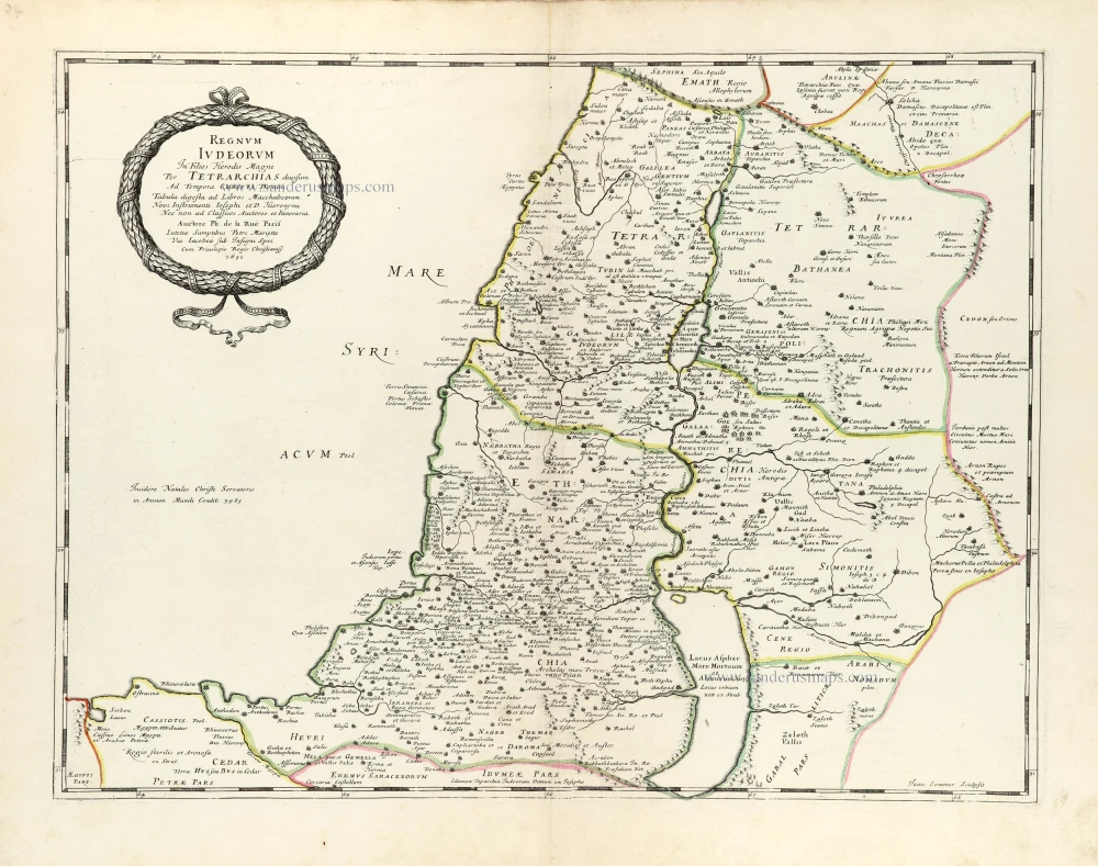 Historic map of the Kingdom of Judea in the time of Christ, by Philippe de la Rue, published by Pierre Mariette.