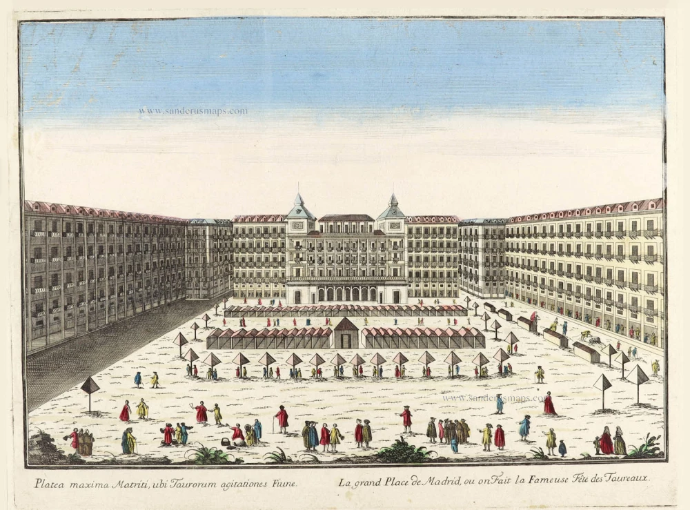 Platea maxima Matriti, ubi Taurorum agitationes Fiune. - La grand Place de Madrid, ou on Fait la Fameuse Fête des Taureaux.