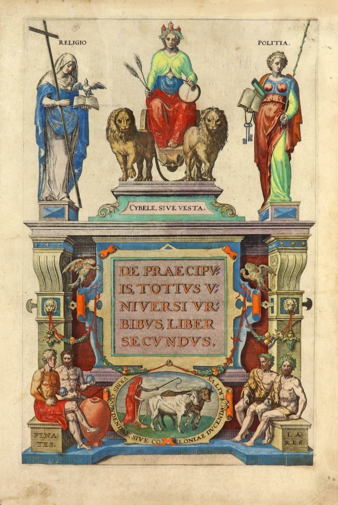 Georg Braun & Frans Hogenberg, allegorical atlas title page of the second part.